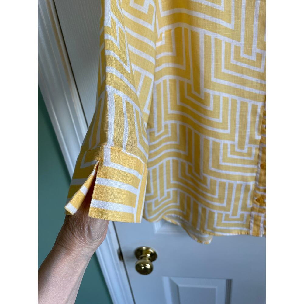 Chico’s 100% Linen No Iron Top Sz L 12/14 Yellow White Geometric Preppy - Picture 5 of 10